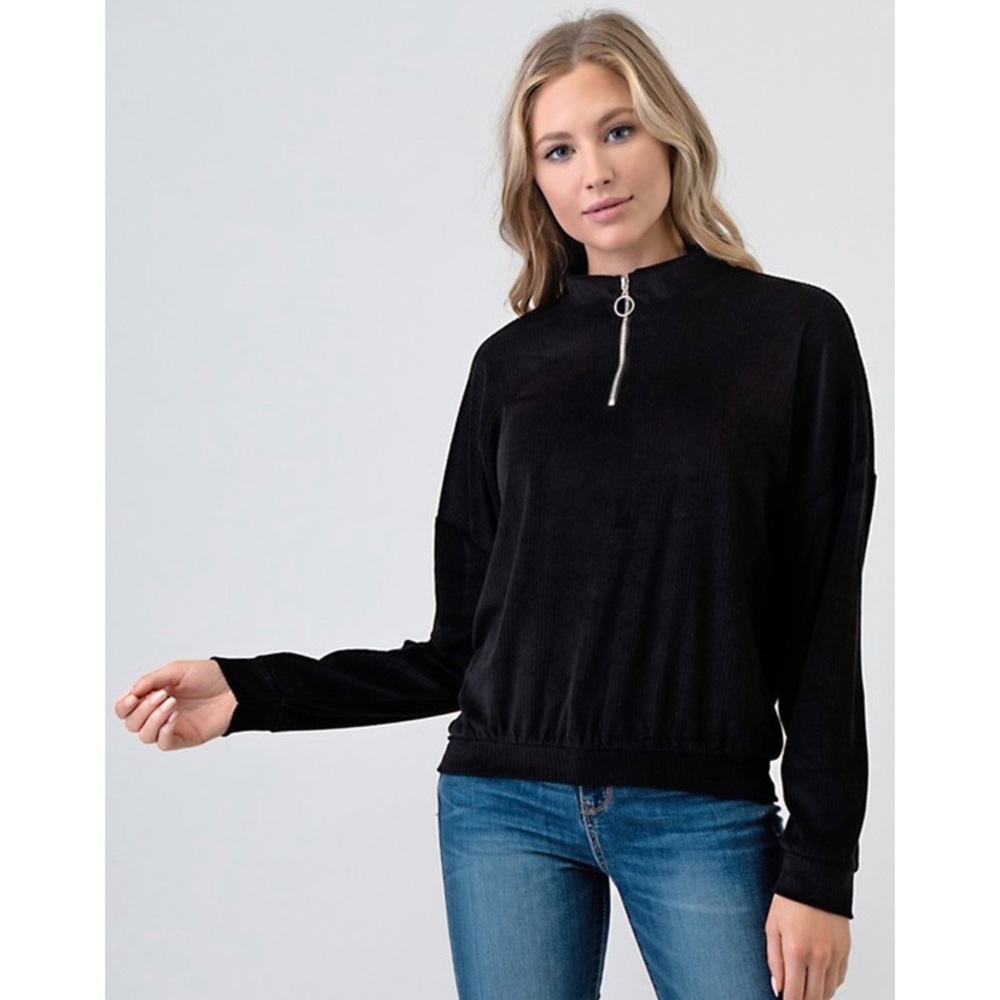 Black Ribbed Velvet Zipper Top